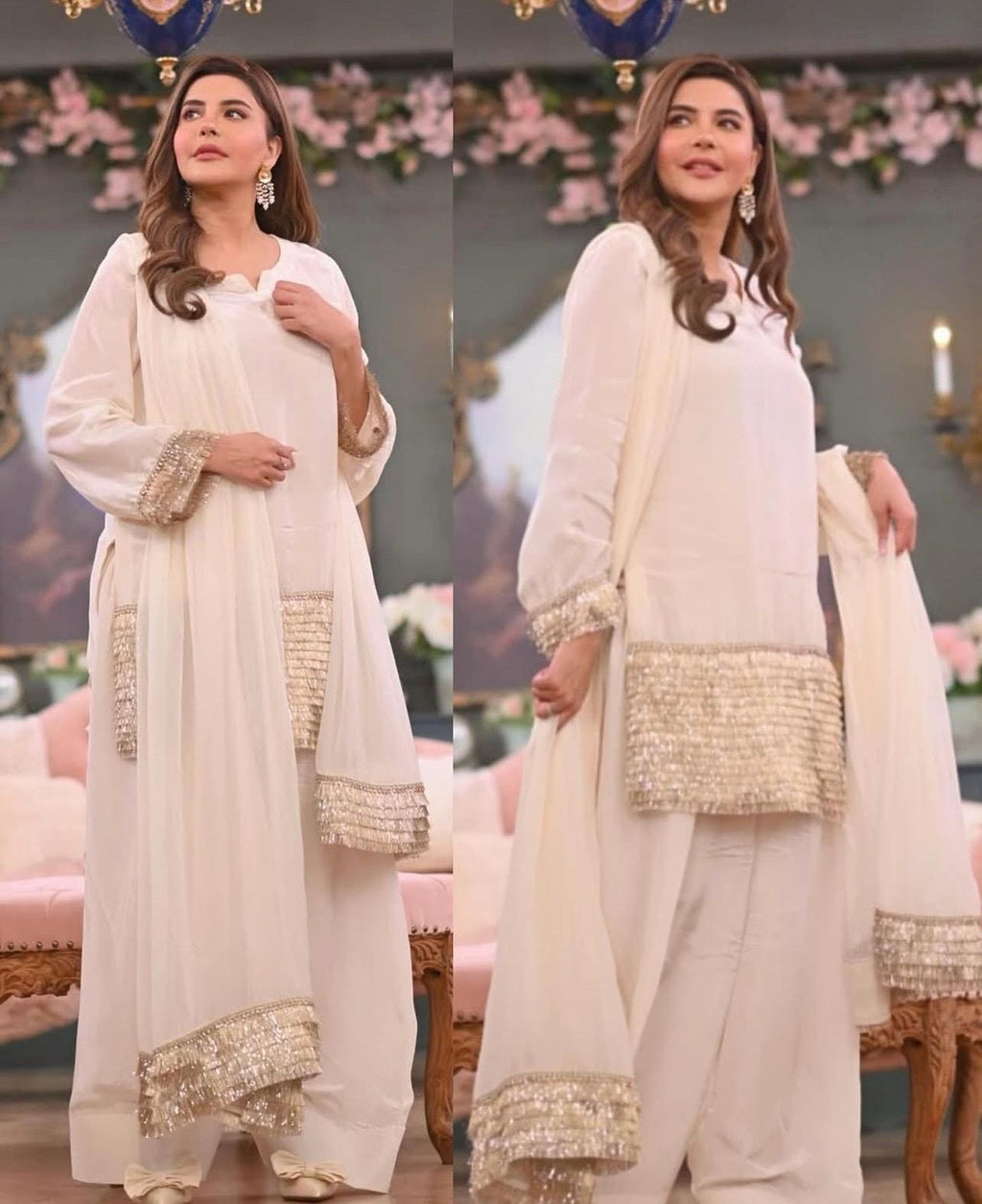 Stunning Three-Piece pakistani FARSHI Shalwar kiran lace premium silk Suit asian attire punjabi indian