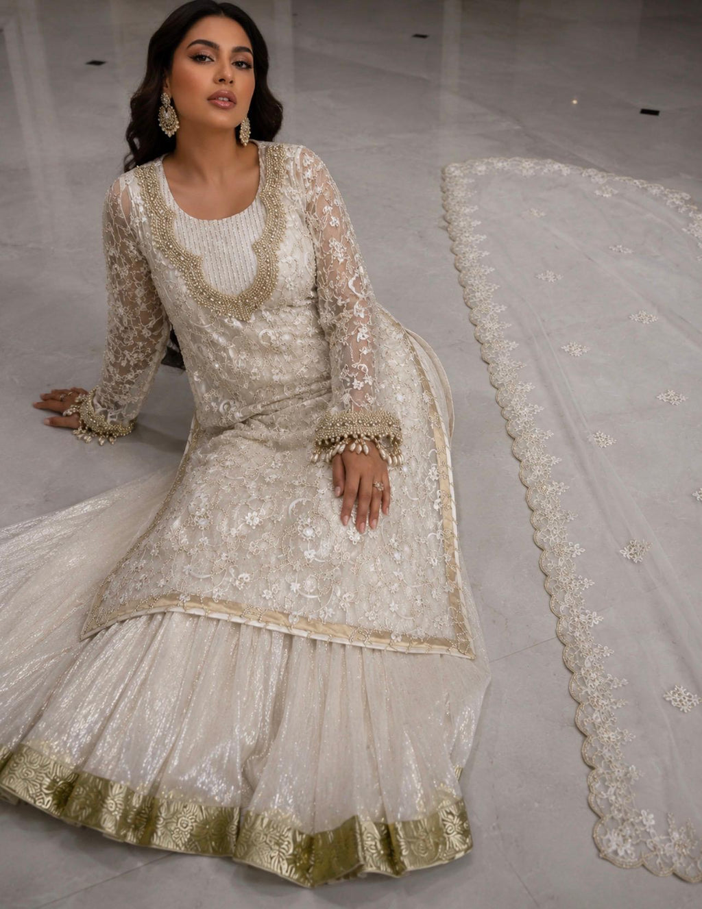 Ivory White Embroidered Sharara Set
