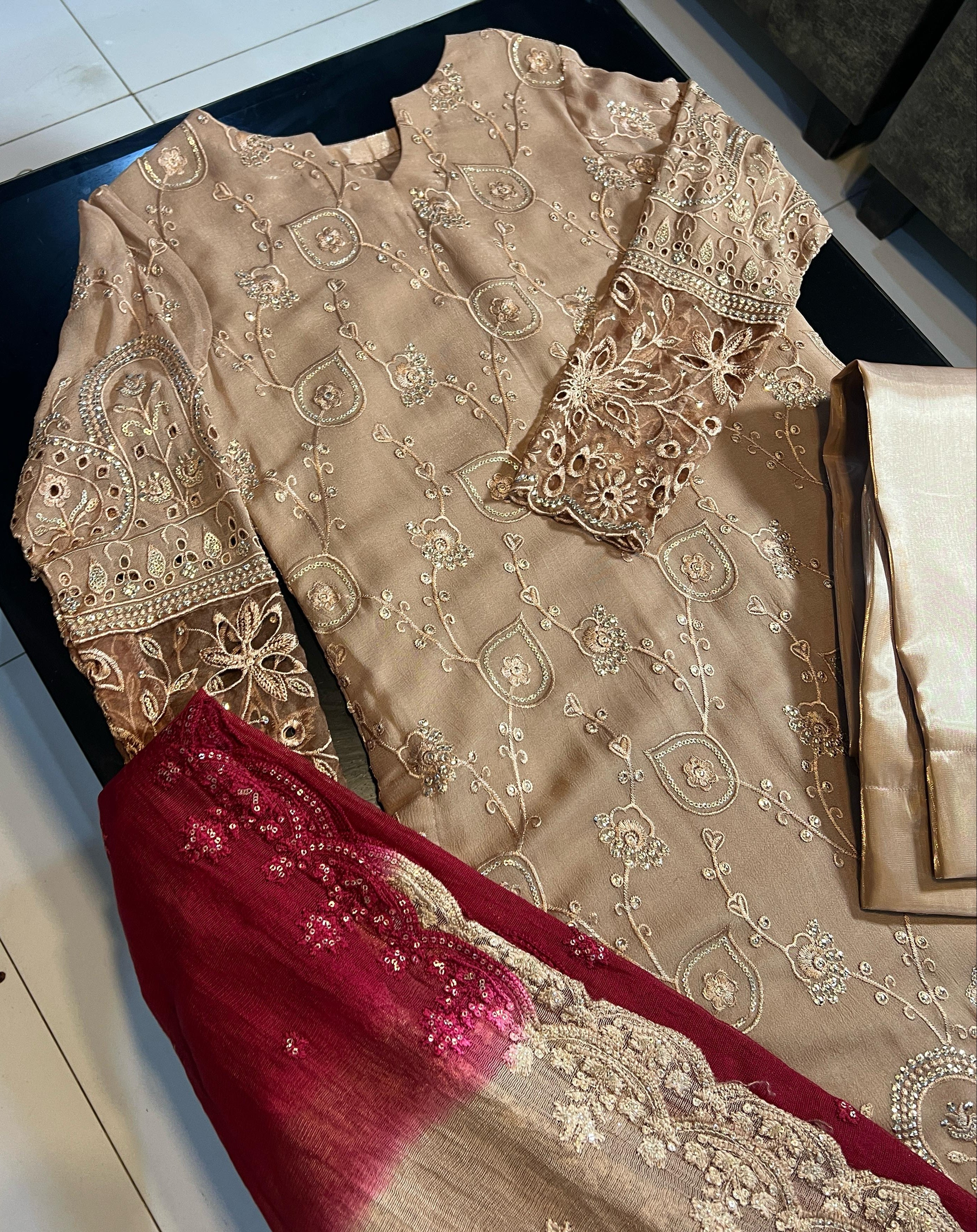 Embroidered Tan & Maroon 3-Piece Festive Outfit