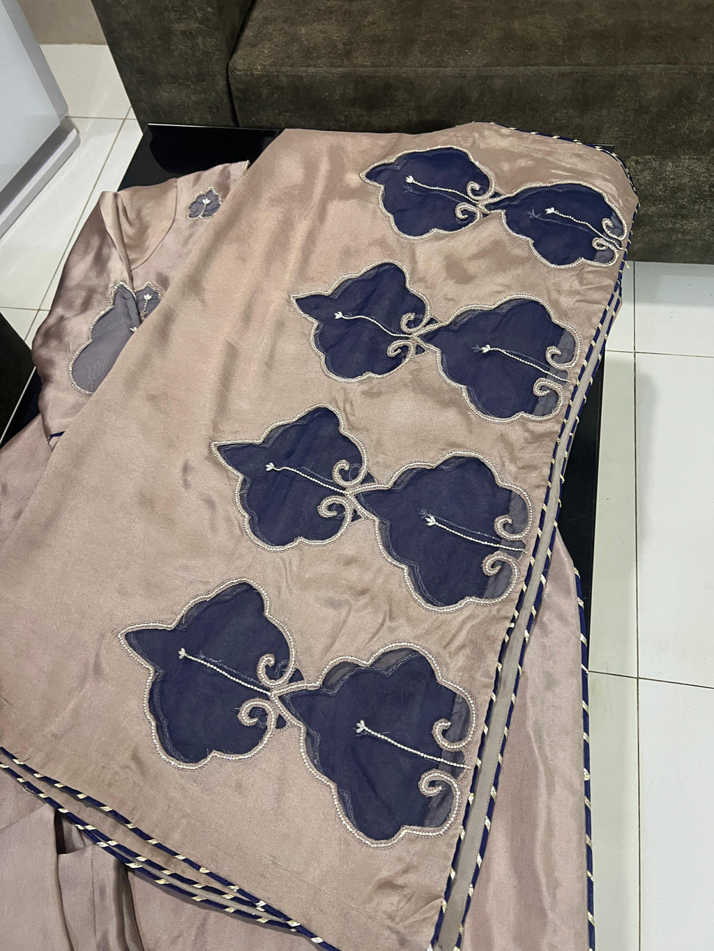 Raw Silk 3-Piece Suite – Mink &amp; Navy Appliqué