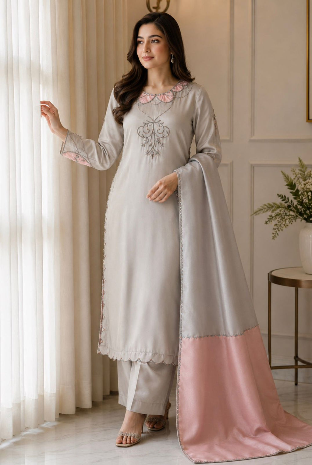 Raw Silk 3-Piece Suite – Ice Grey / Blush Pink