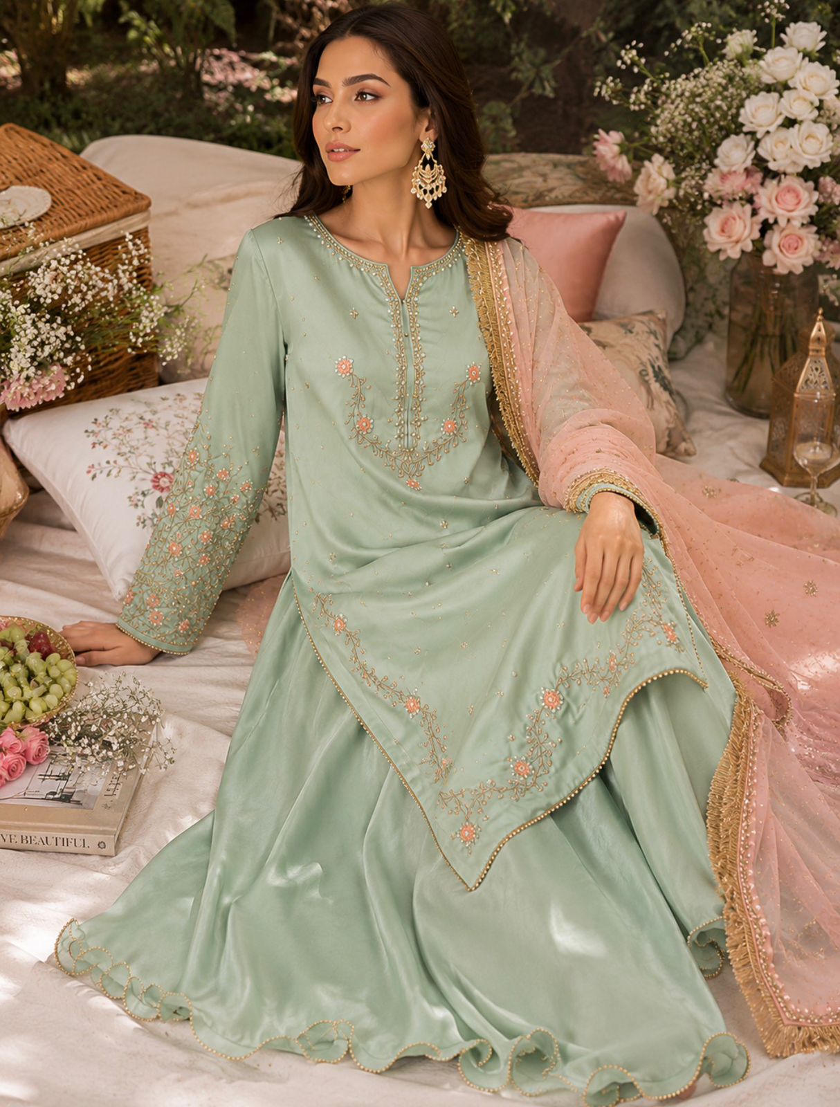 Hinaya Luxe Raw Silk Sharara Set – Mint Green / Peach
