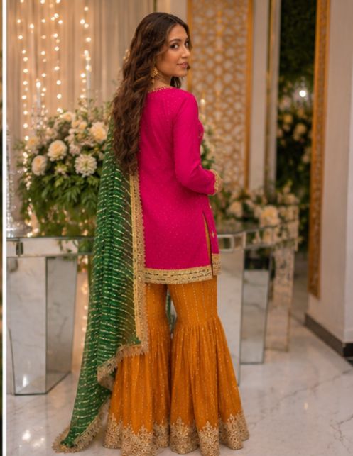 Mehndi Dholki Gharara Outfit – Traditional Gota Work with Vibrant Colors pakistani uk desi family lovers punjabi indian