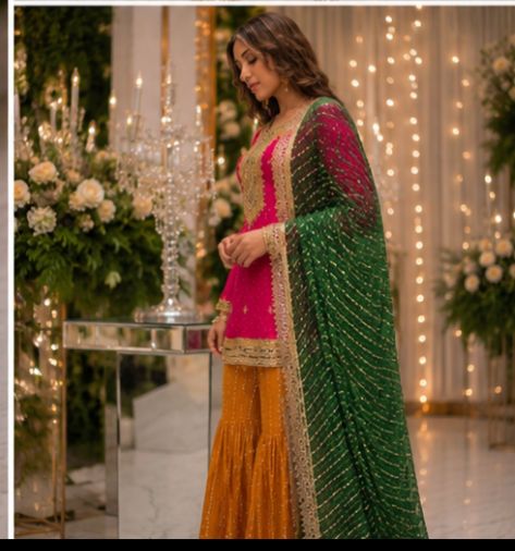 Mehndi Dholki Gharara Outfit – Traditional Gota Work with Vibrant Colors pakistani uk desi family lovers punjabi indian