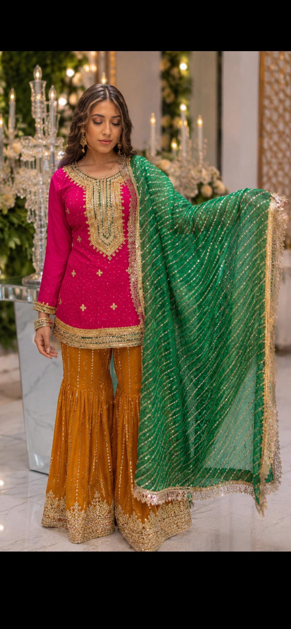 Mehndi Dholki Gharara Outfit – Traditional Gota Work with Vibrant Colors pakistani uk desi family lovers punjabi indian