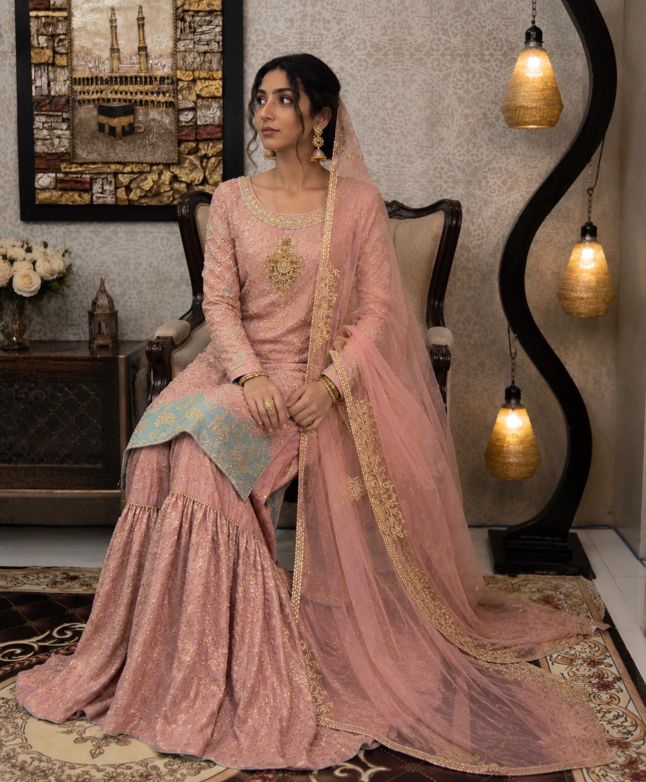 Blush & Mint Regal Embroidered Sharara Set