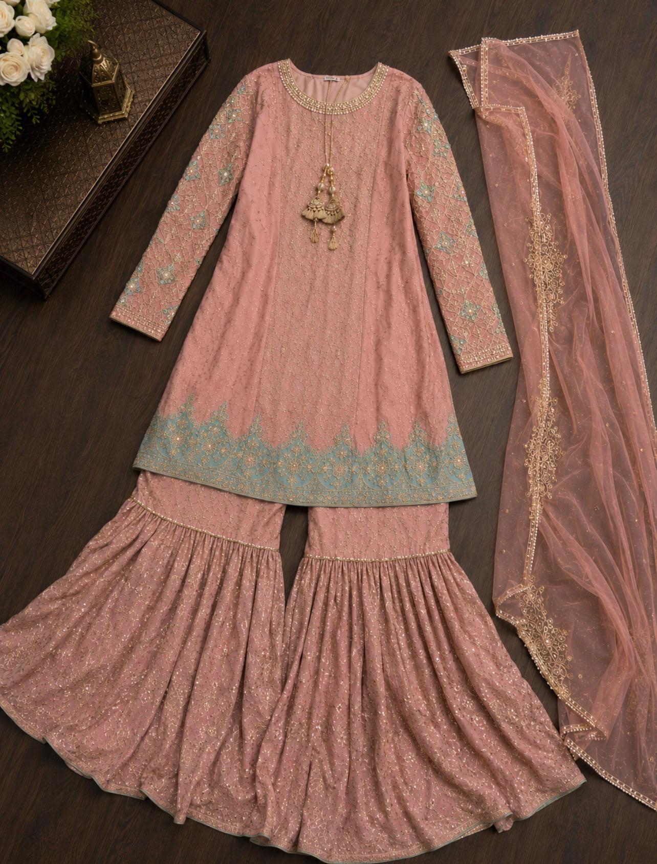 Blush & Mint Regal Embroidered Sharara Set