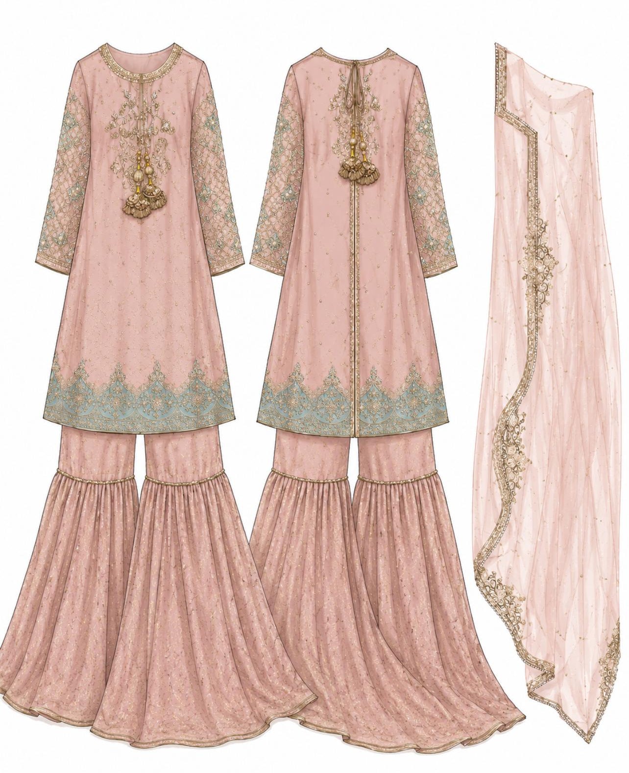 Blush & Mint Regal Embroidered Sharara Set