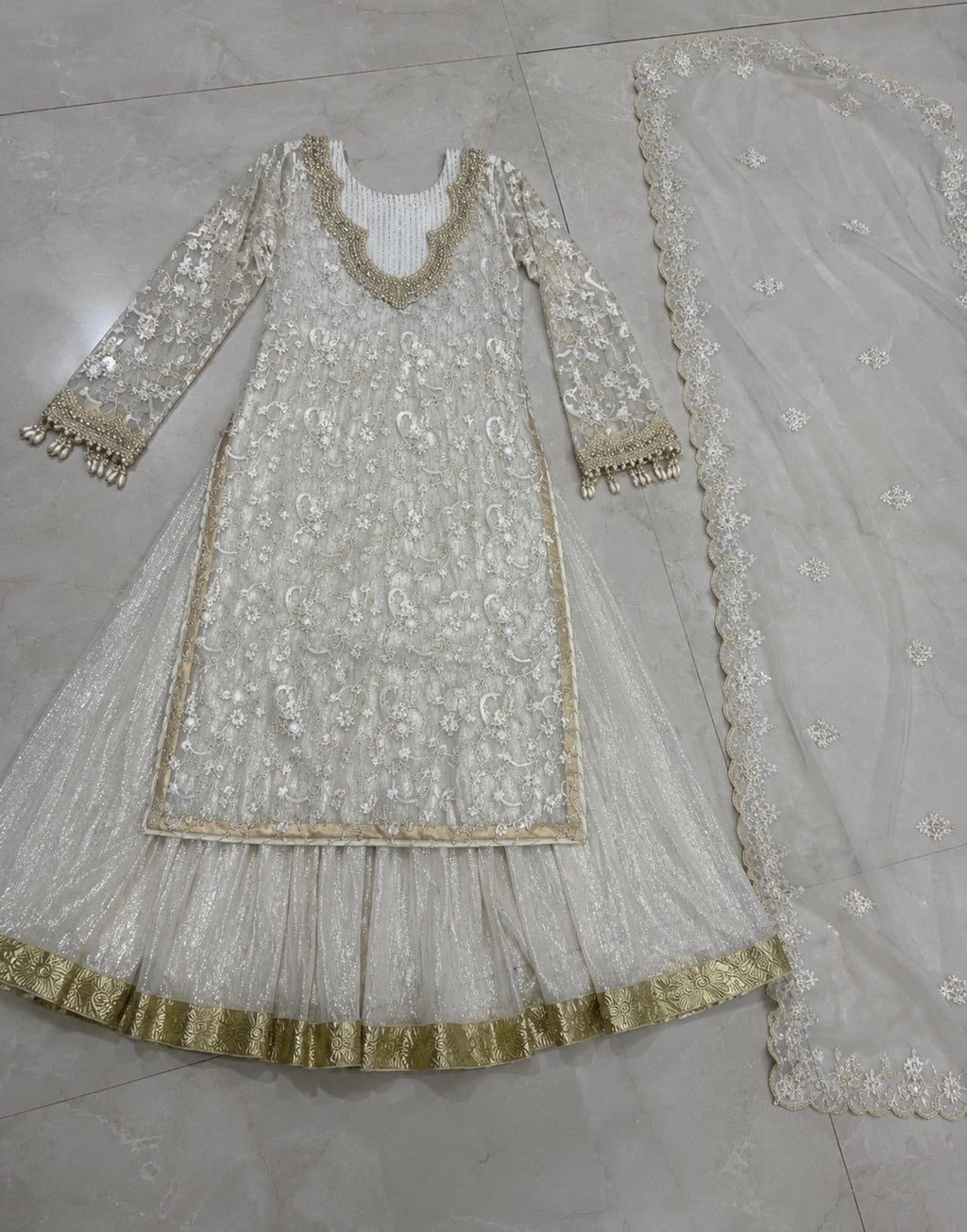 Ivory White Embroidered Sharara Set