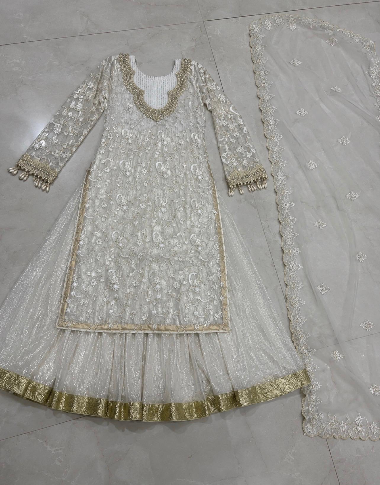Ivory White Embroidered Sharara Set