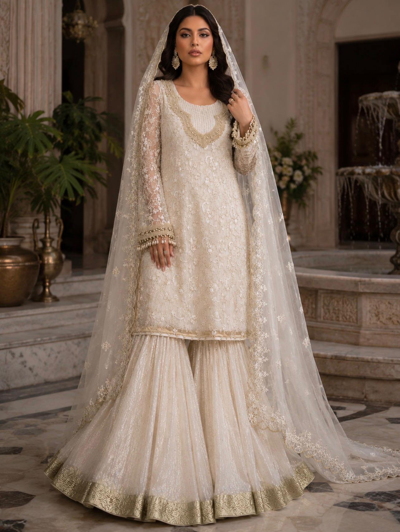 Ivory White Embroidered Sharara Set