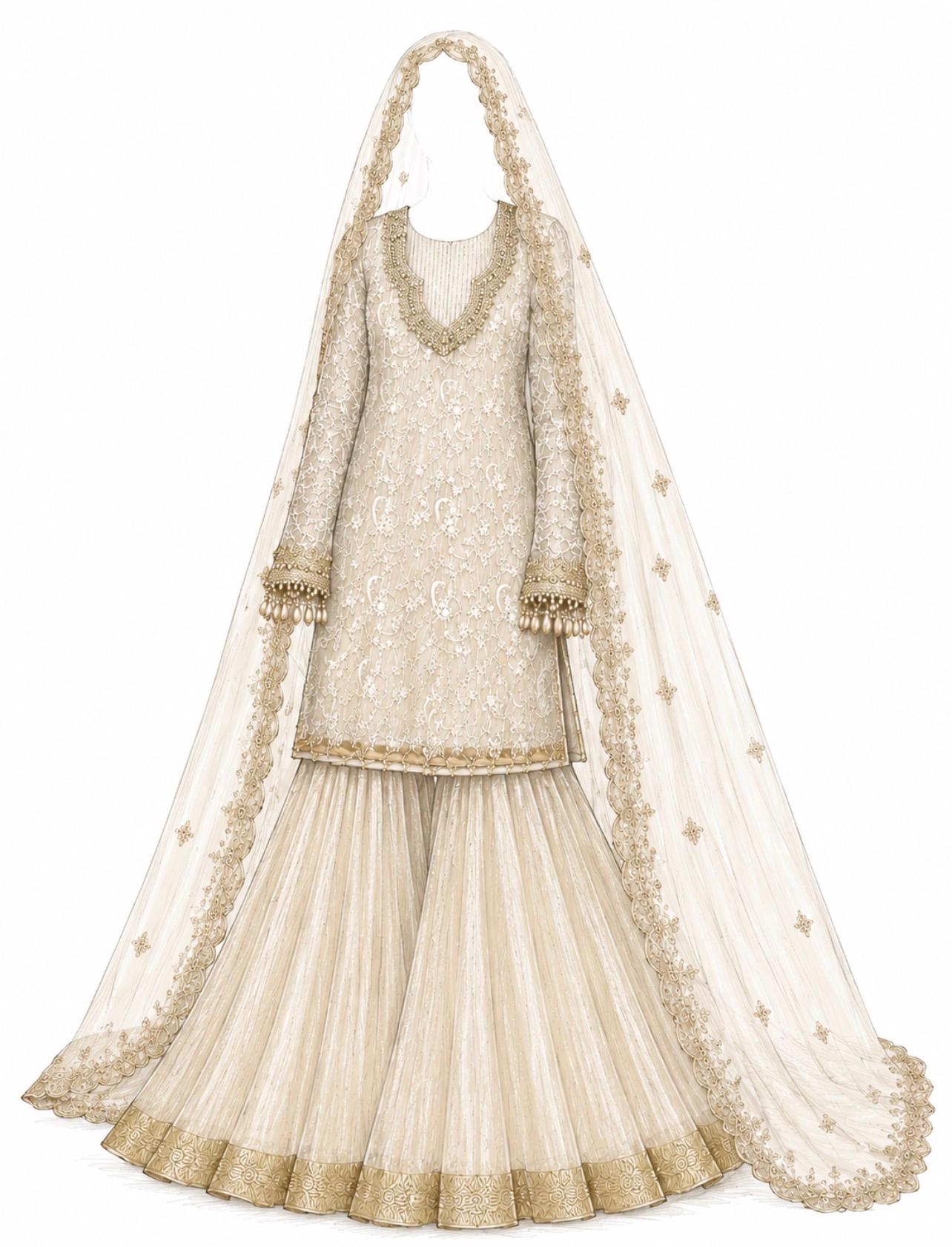 Ivory White Embroidered Sharara Set