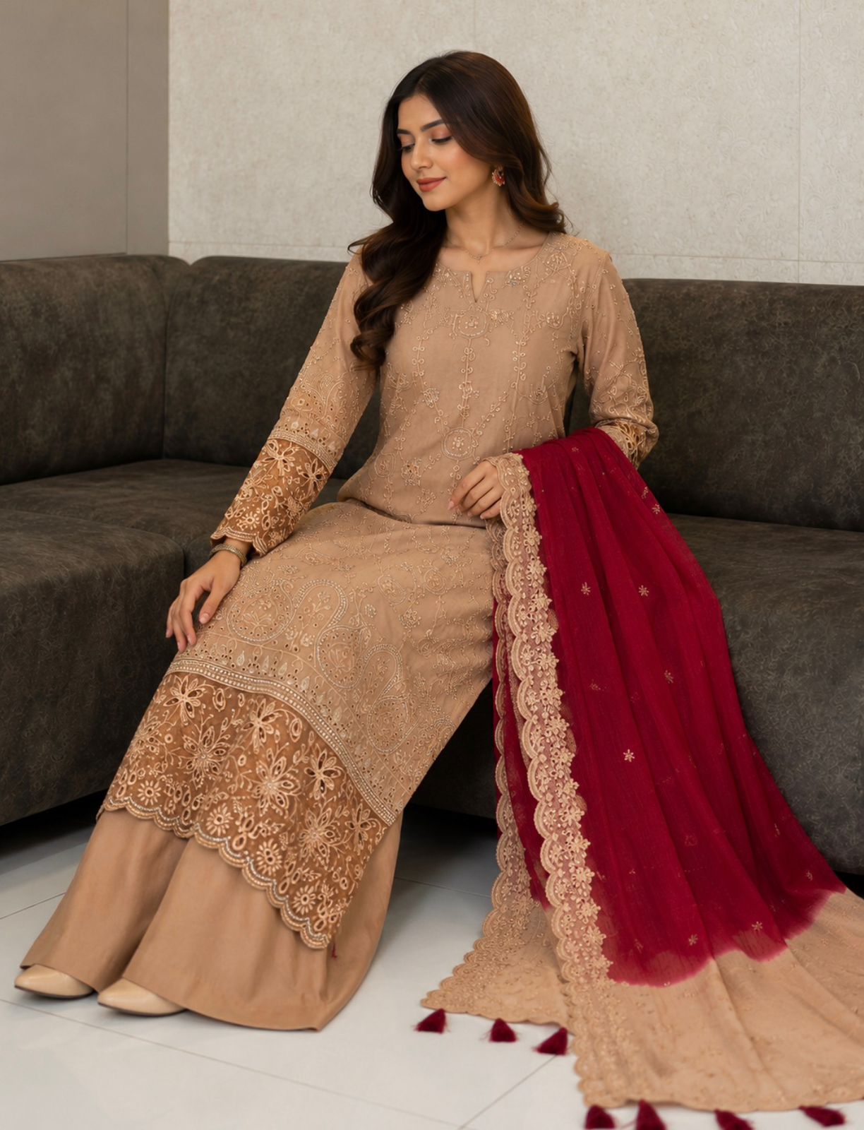 Embroidered Tan & Maroon 3-Piece Festive Outfit