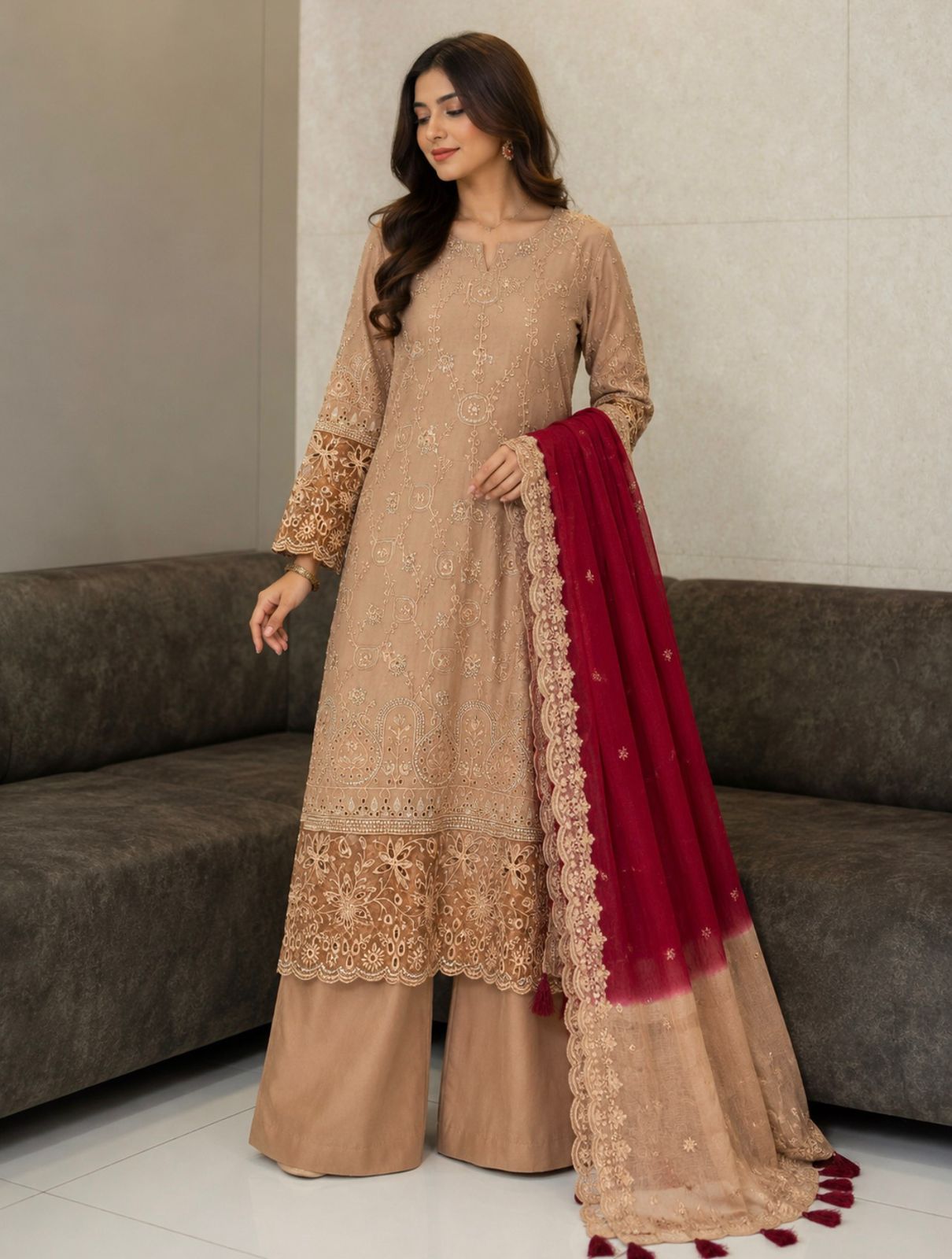 Embroidered Tan & Maroon 3-Piece Festive Outfit
