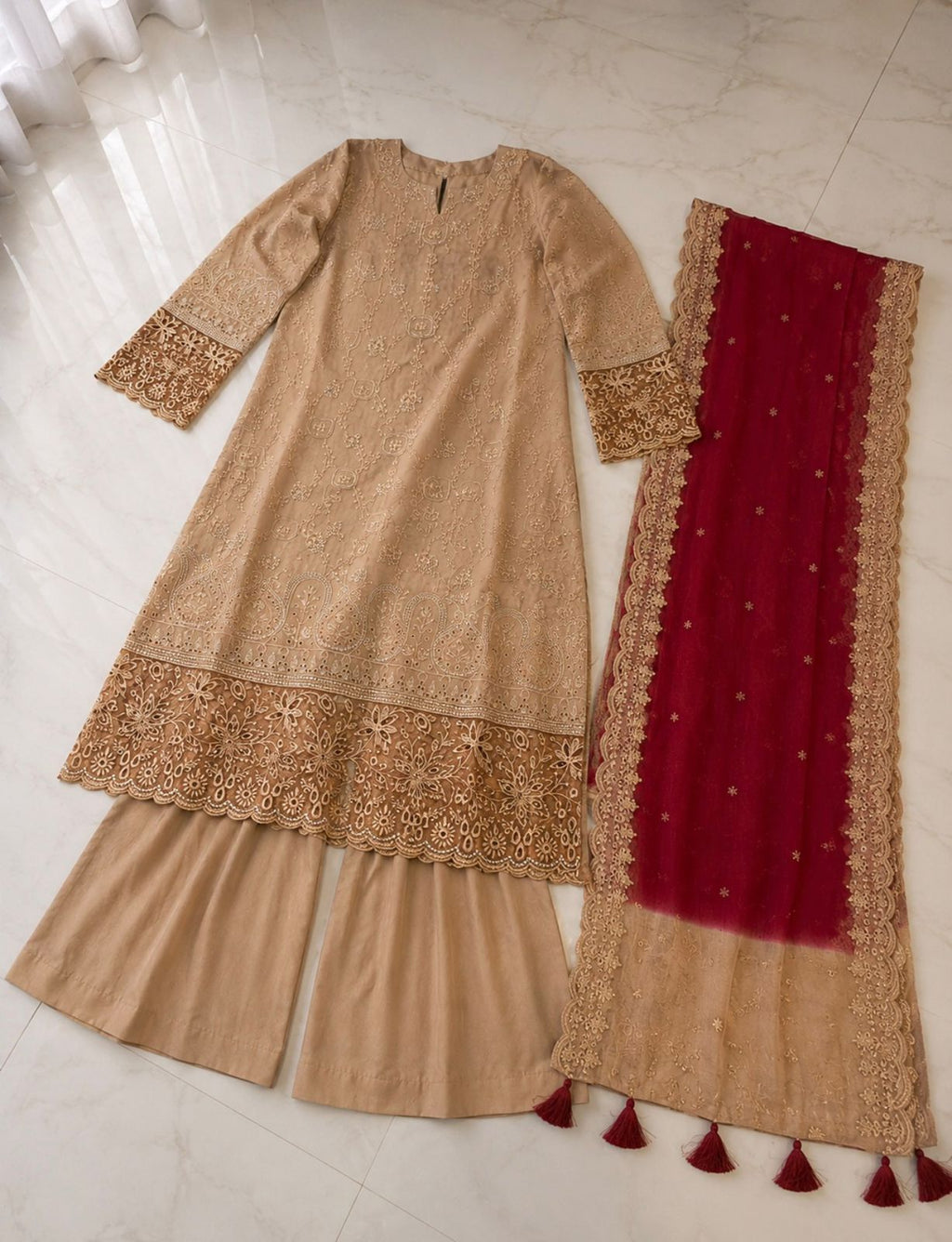 Embroidered Tan & Maroon 3-Piece Festive Outfit