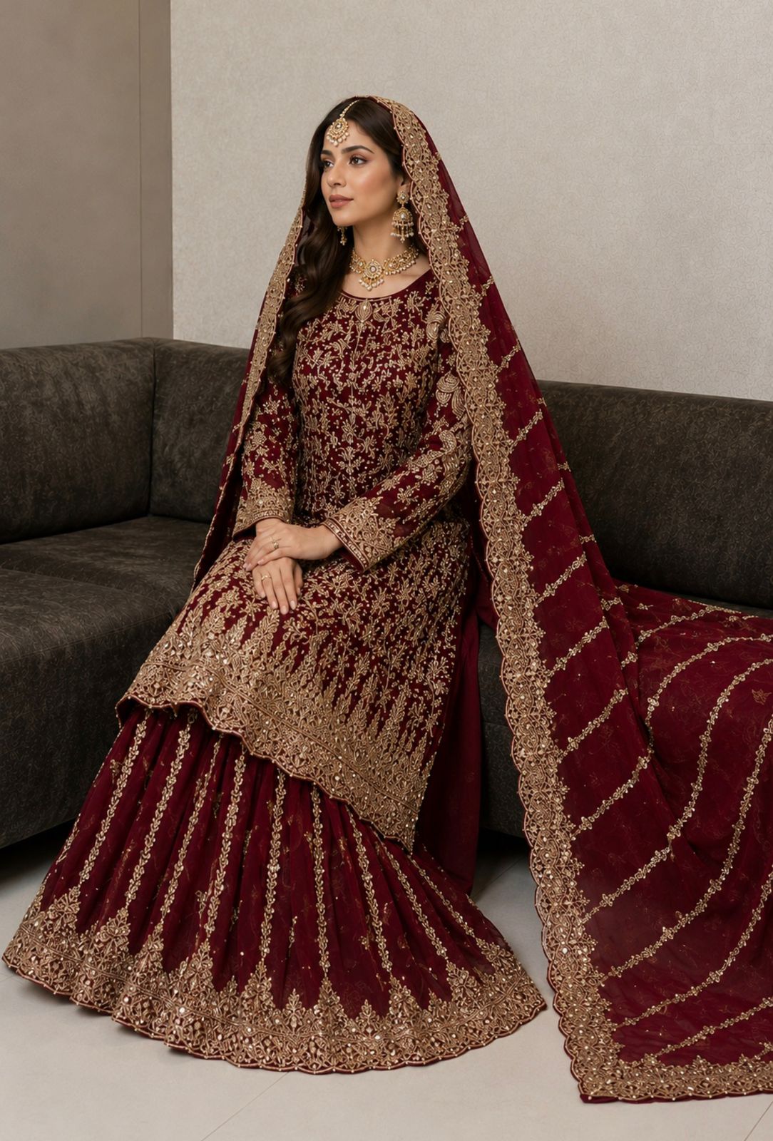 Embroidered Vine Red Bridal Sharara Set
