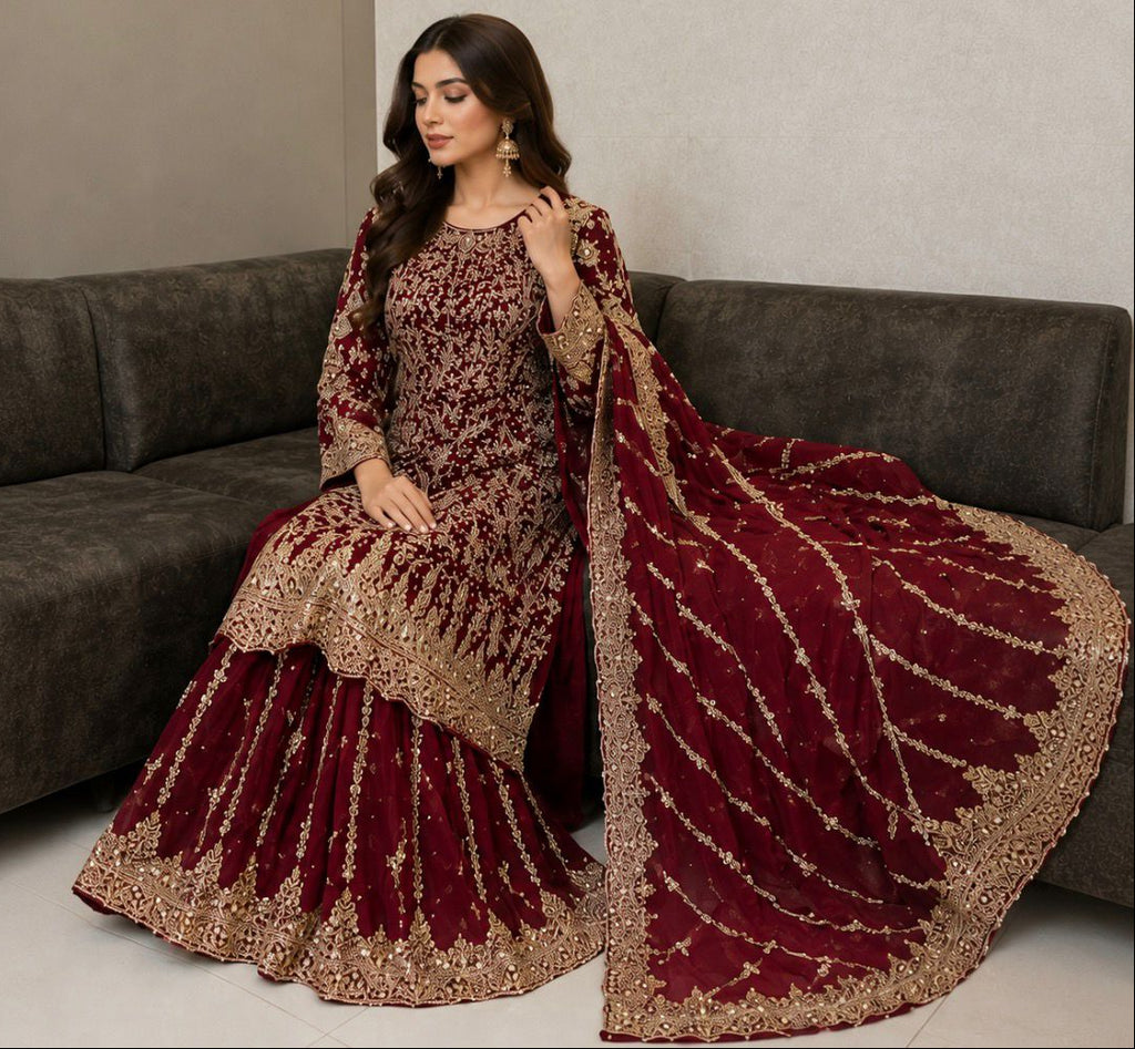 Embroidered Vine Red Bridal Sharara Set