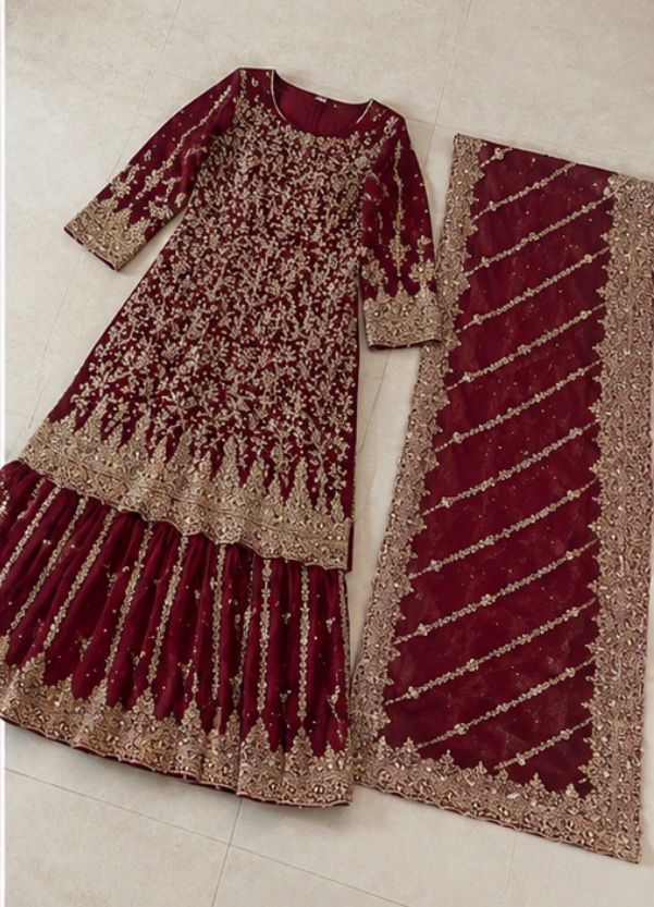 Embroidered Vine Red Bridal Sharara Set