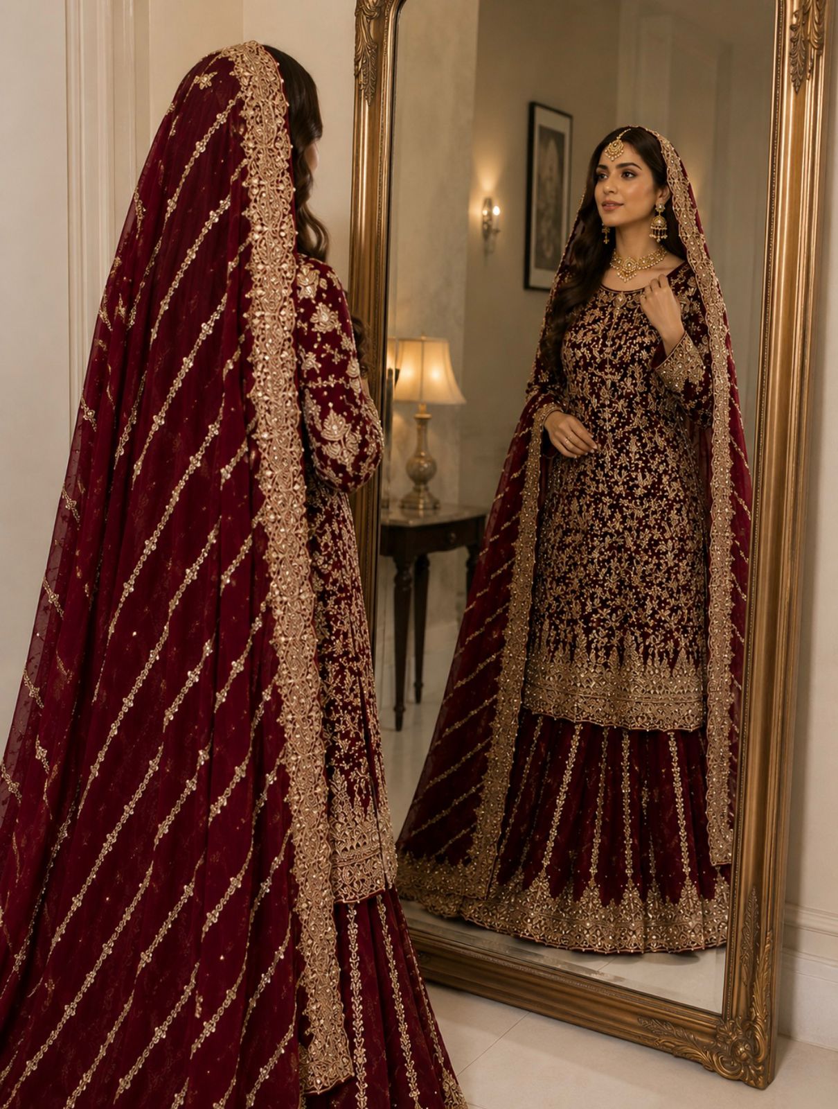 Embroidered Vine Red Bridal Sharara Set