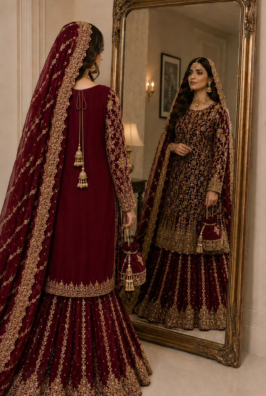 Embroidered Vine Red Bridal Sharara Set