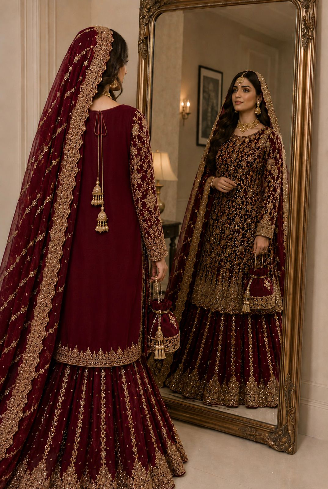 Embroidered Vine Red Bridal Sharara Set