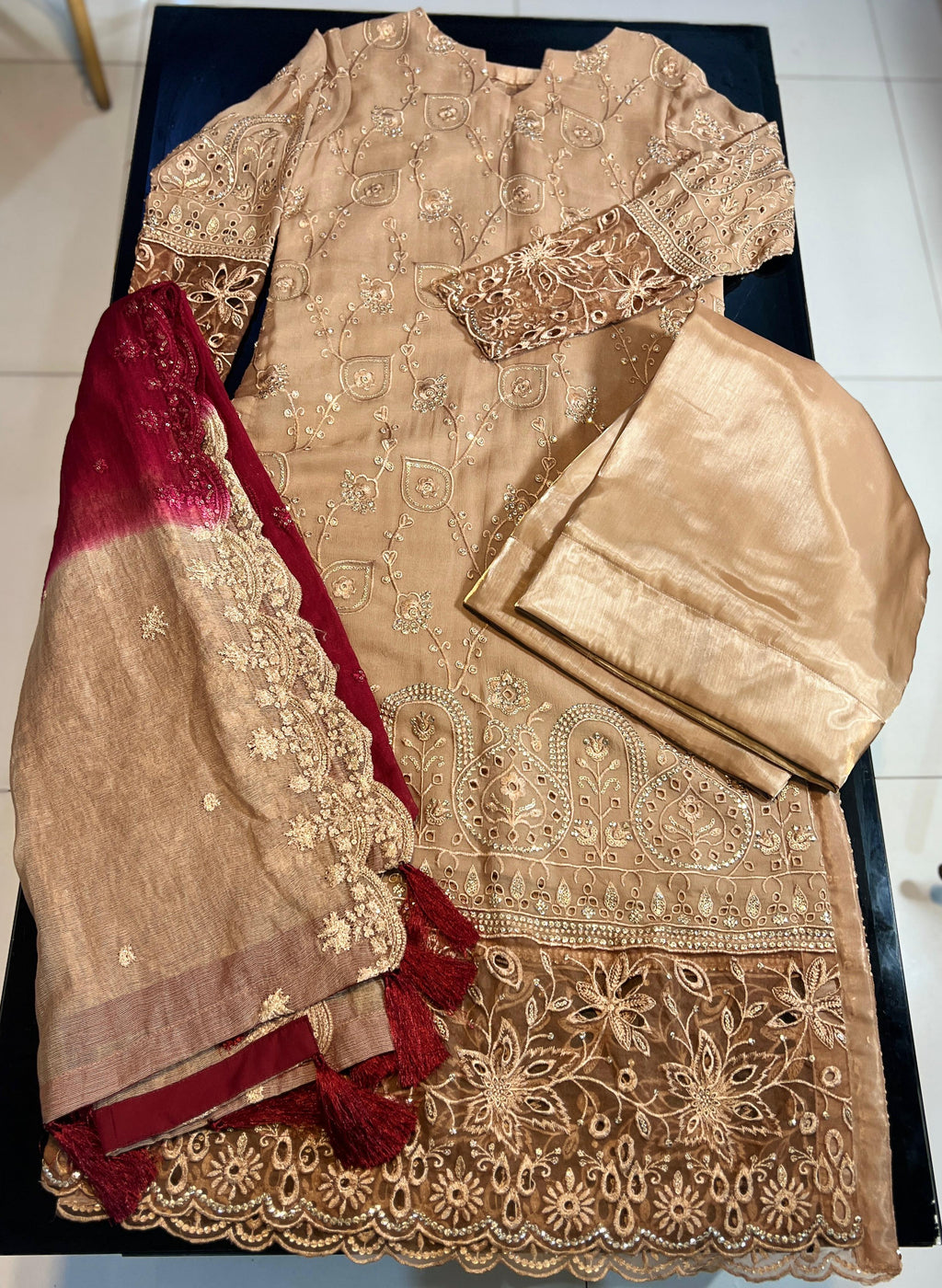 Embroidered Tan & Maroon 3-Piece Festive Outfit