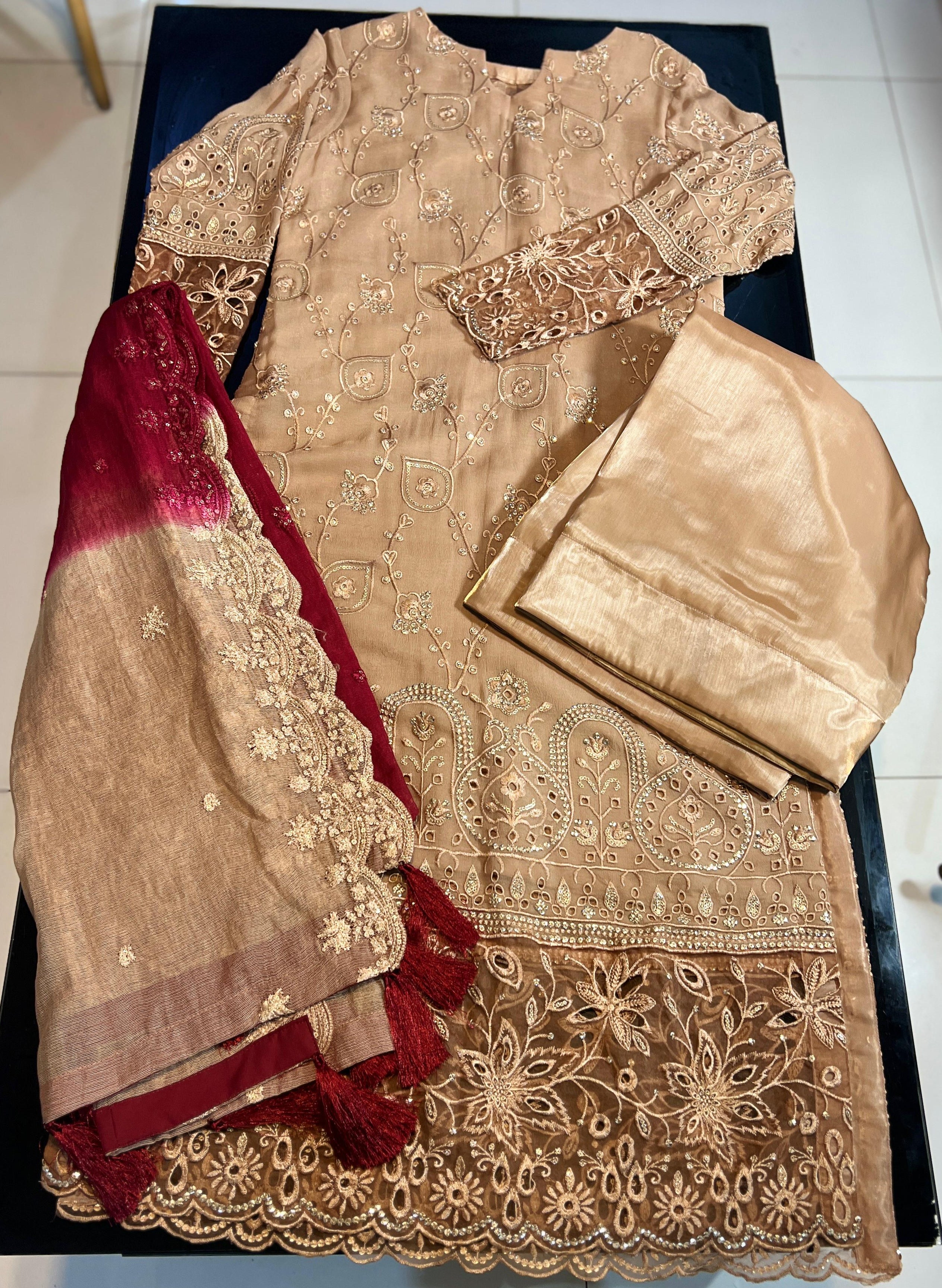 Embroidered Tan & Maroon 3-Piece Festive Outfit