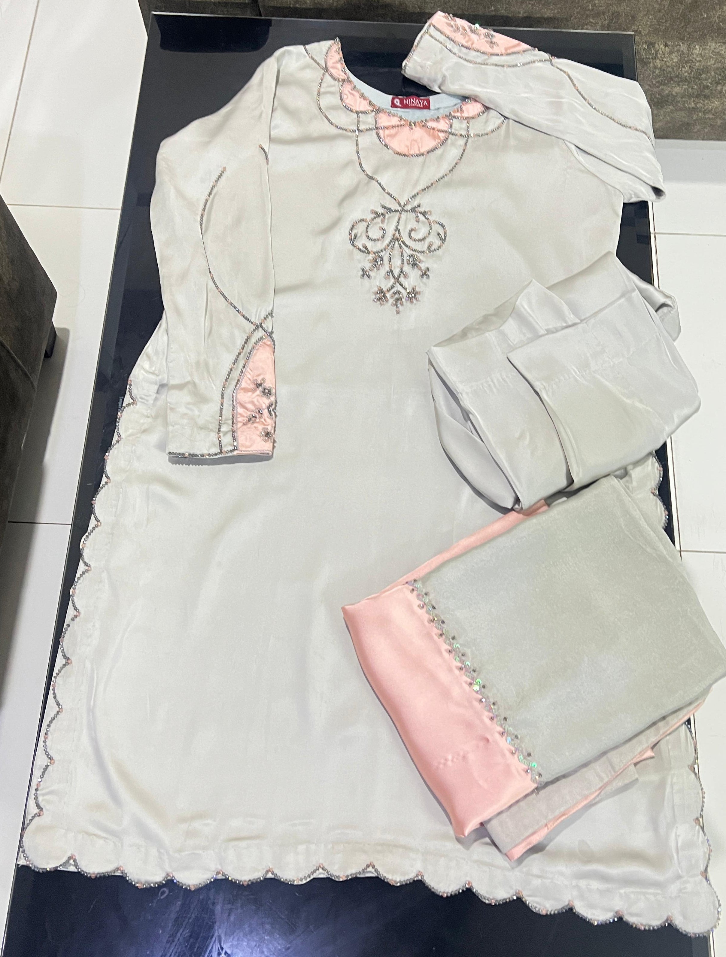 Raw Silk 3-Piece Suite – Ice Grey / Blush Pink