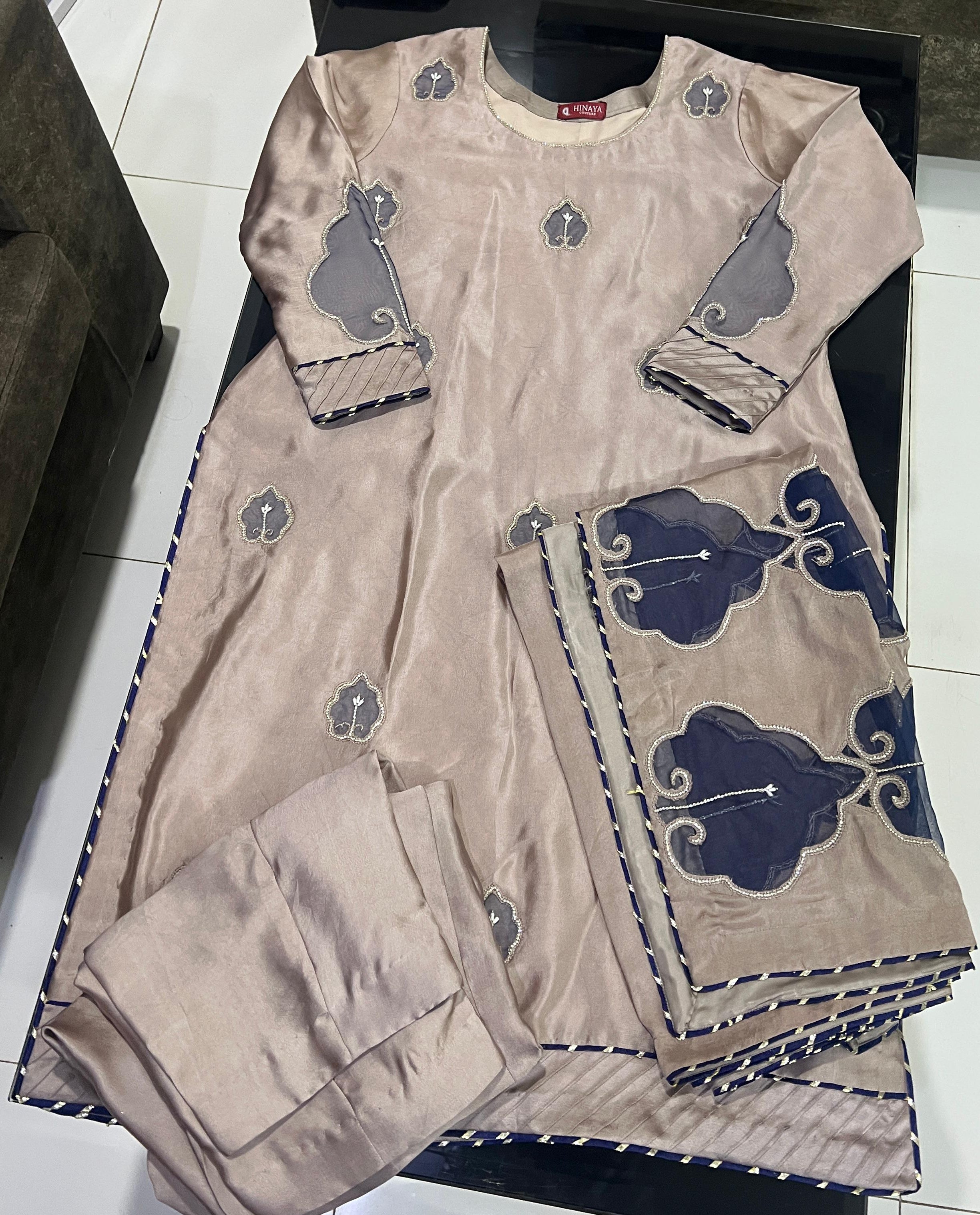 Raw Silk 3-Piece Suite – Mink &amp; Navy Appliqué