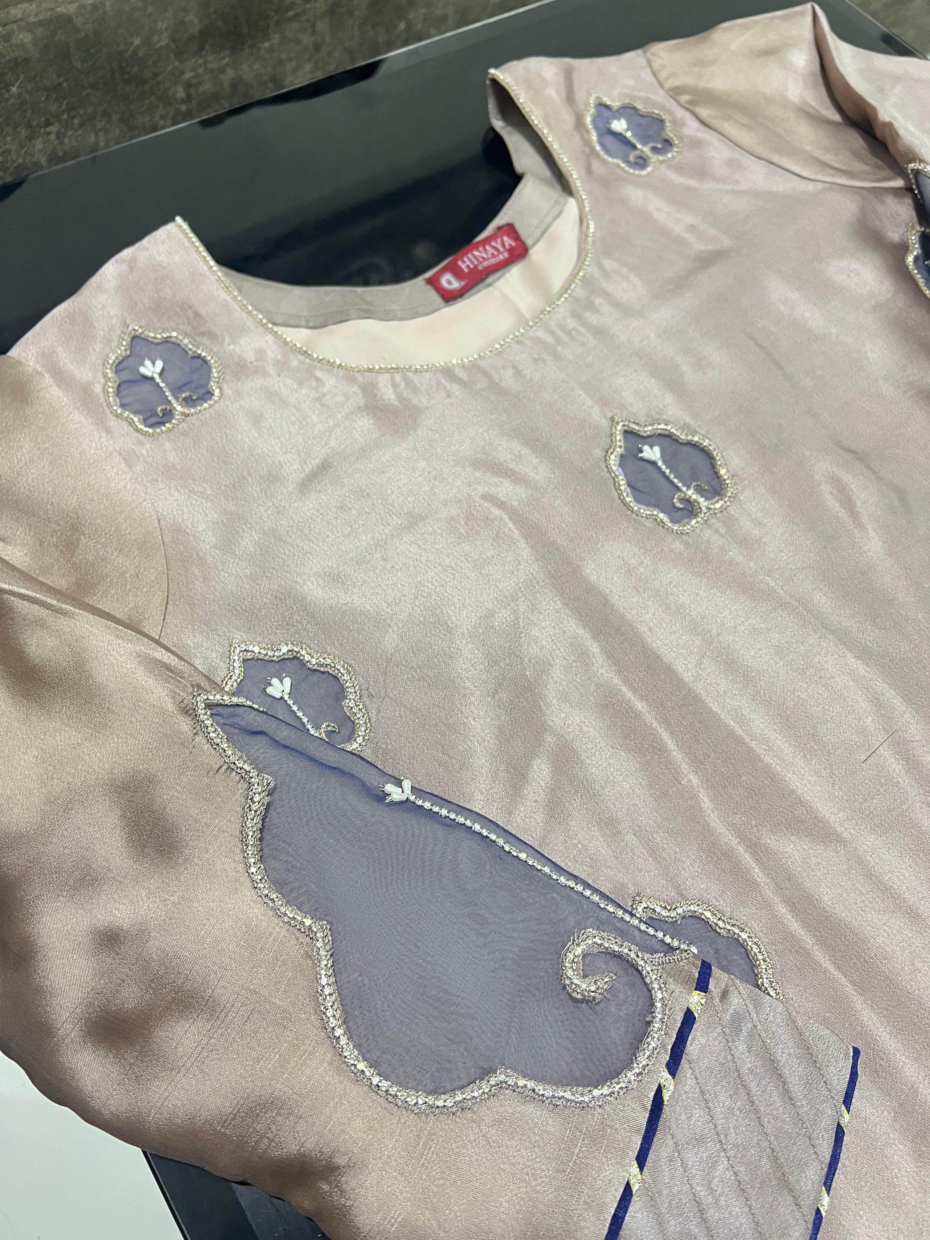 Raw Silk 3-Piece Suite – Mink &amp; Navy Appliqué