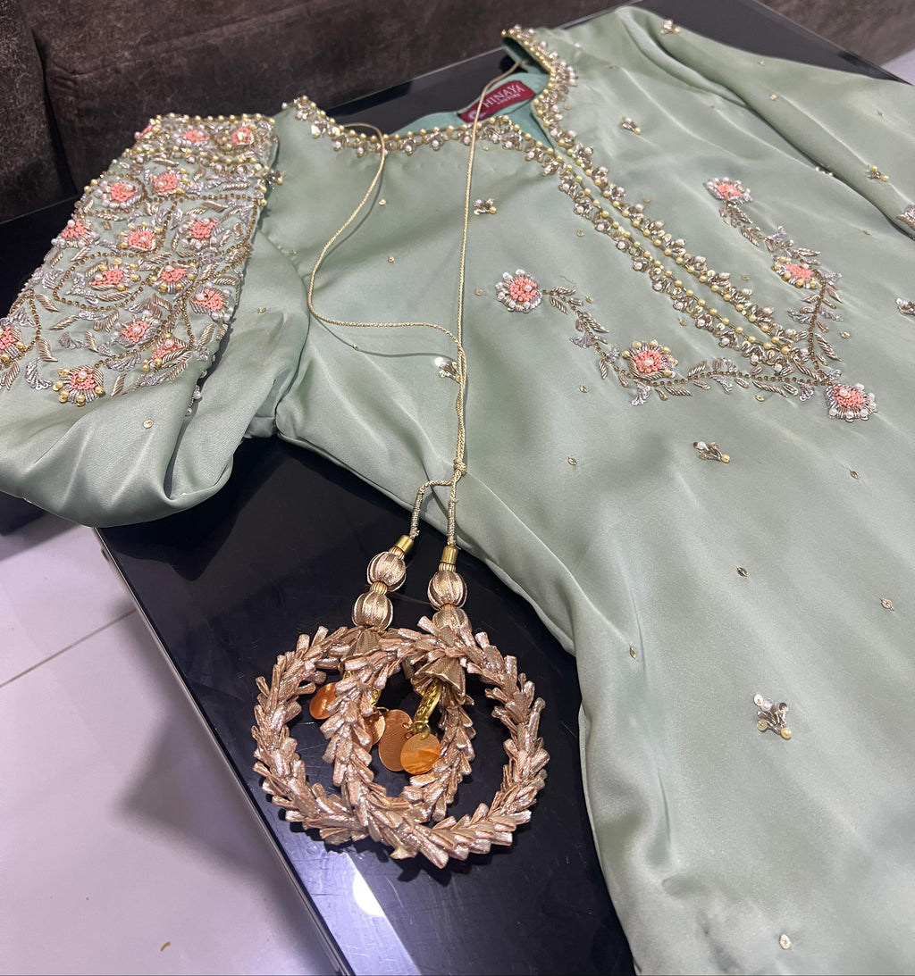 Hinaya Luxe Raw Silk Sharara Set – Mint Green / Peach