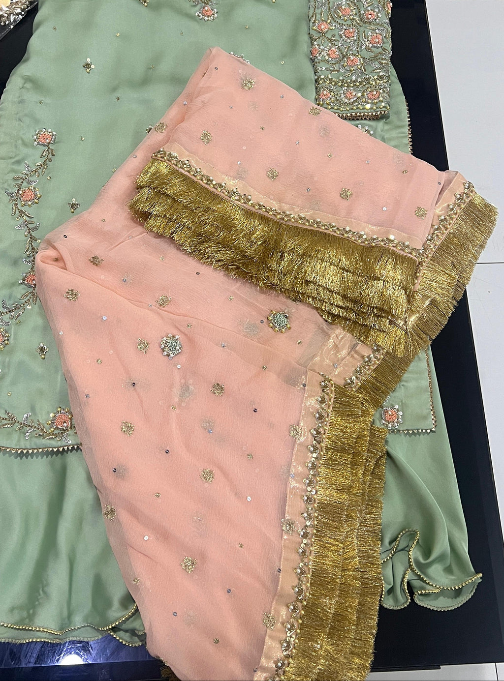 Hinaya Luxe Raw Silk Sharara Set – Mint Green / Peach