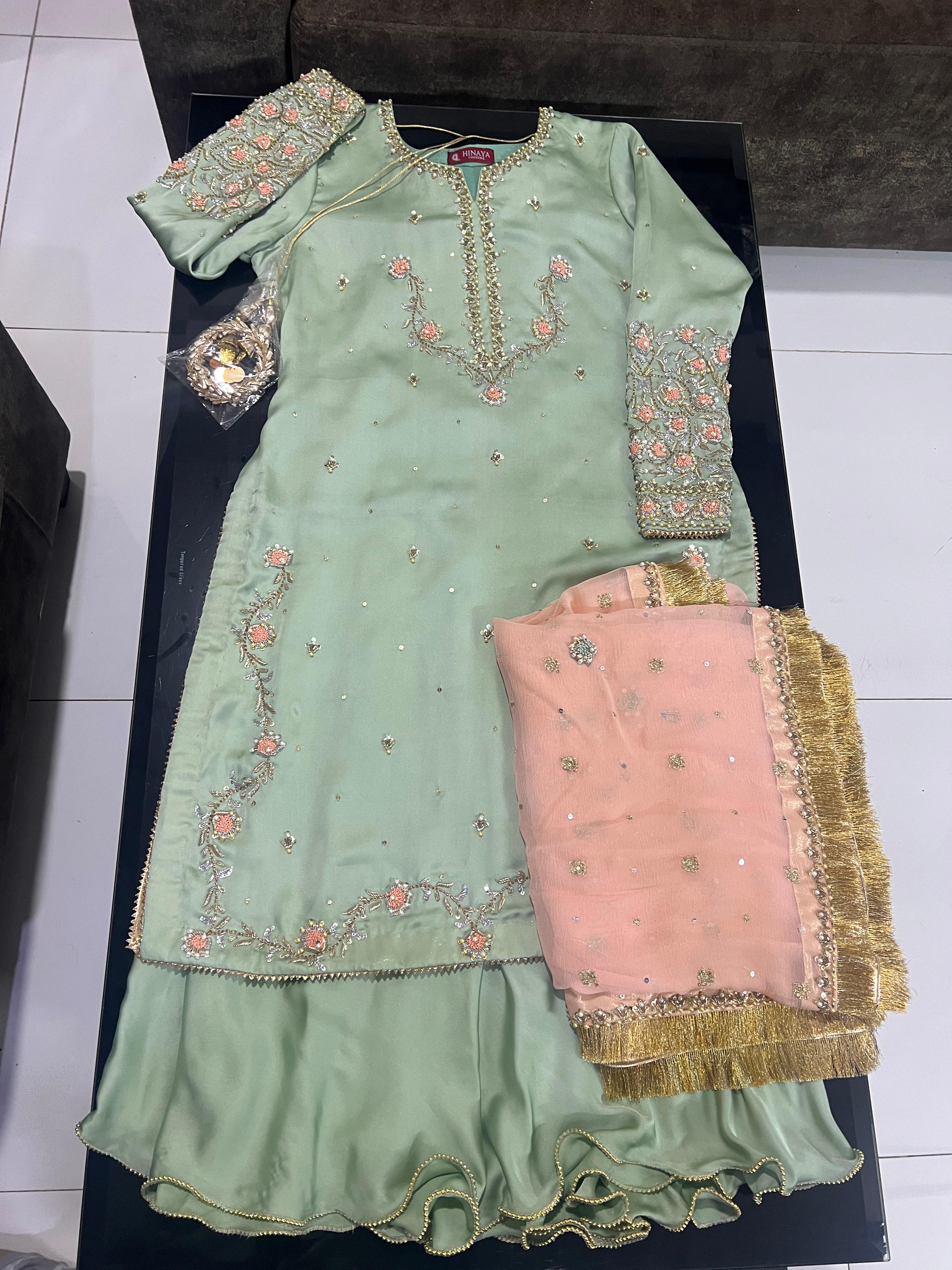 Hinaya Luxe Raw Silk Sharara Set – Mint Green / Peach