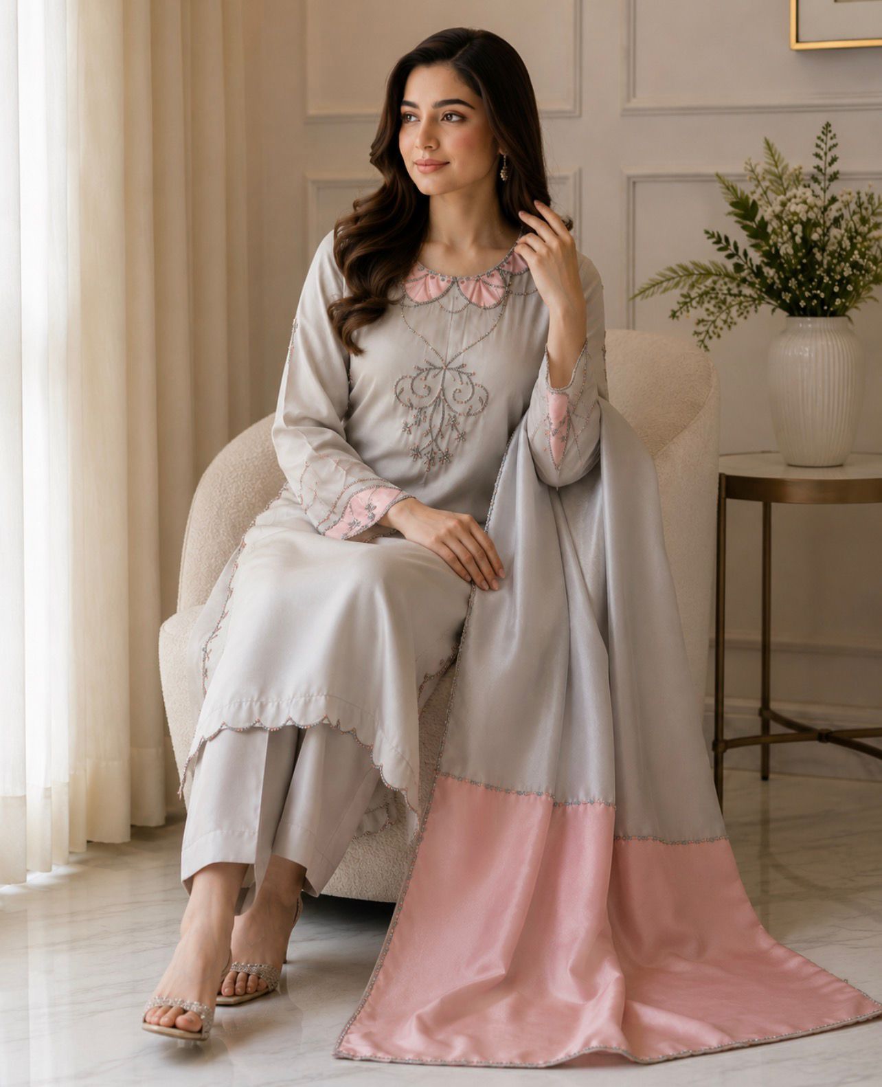 Raw Silk 3-Piece Suite – Ice Grey / Blush Pink