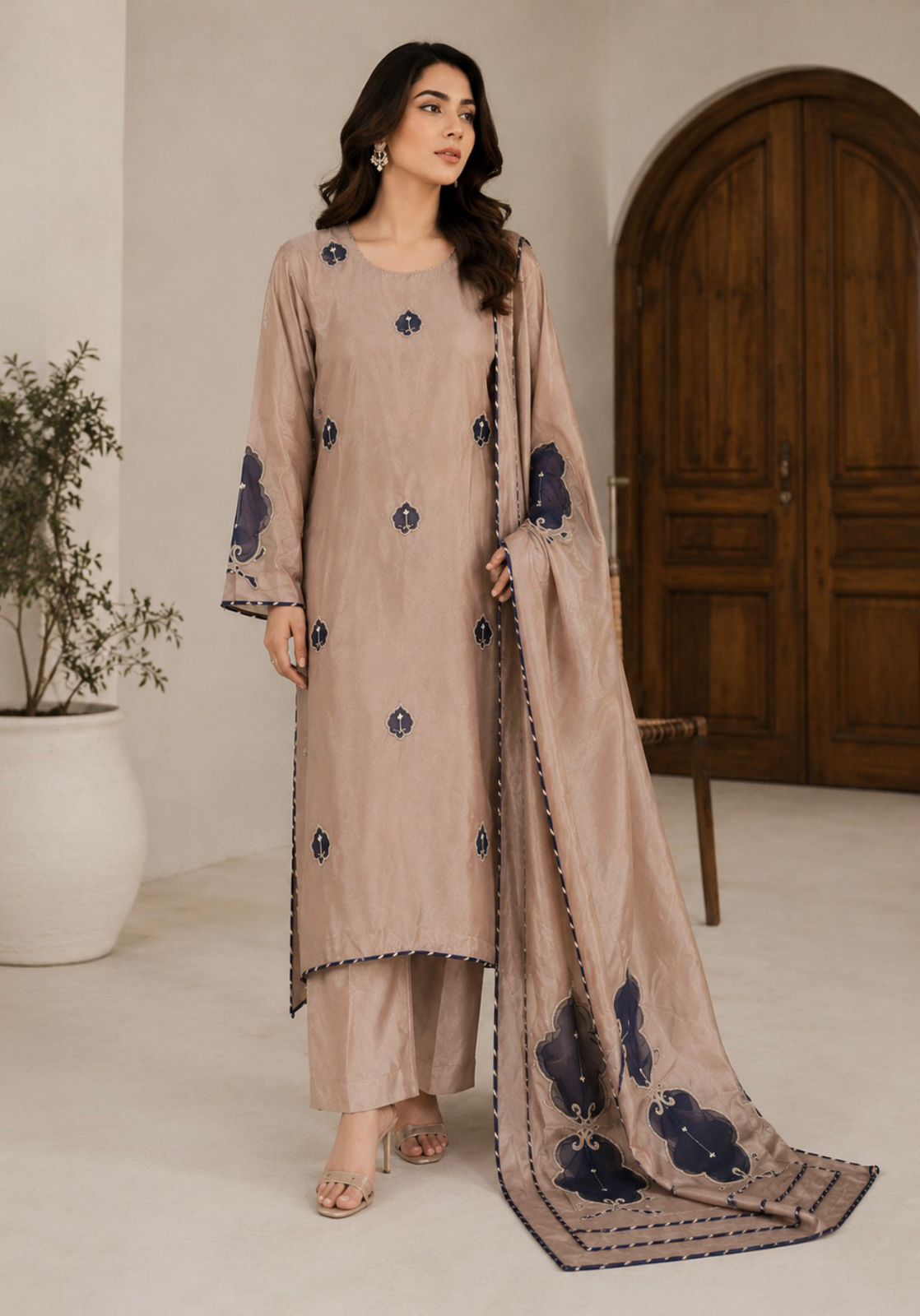 Raw Silk 3-Piece Suite – Mink &amp; Navy Appliqué