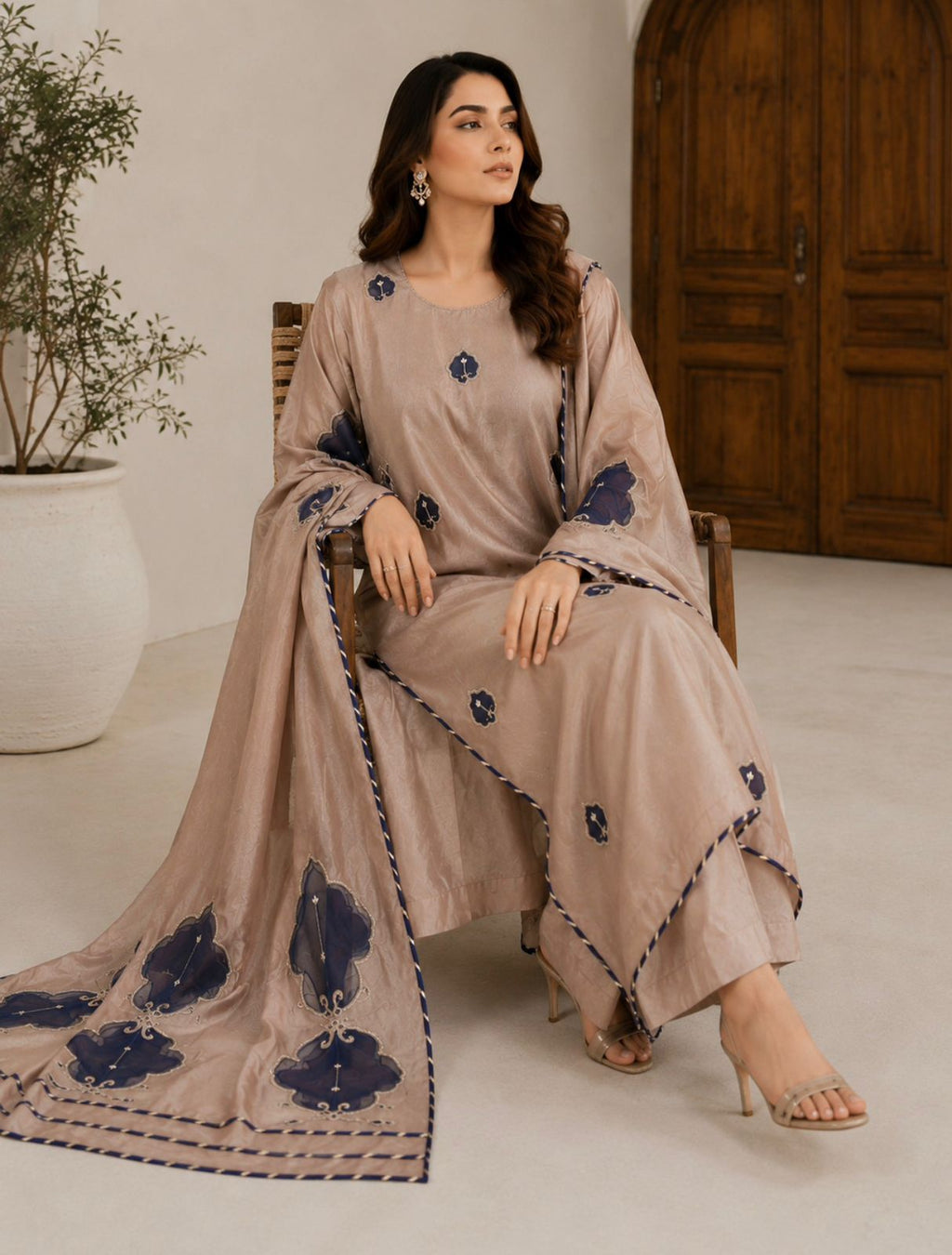 Raw Silk 3-Piece Suite – Mink &amp; Navy Appliqué