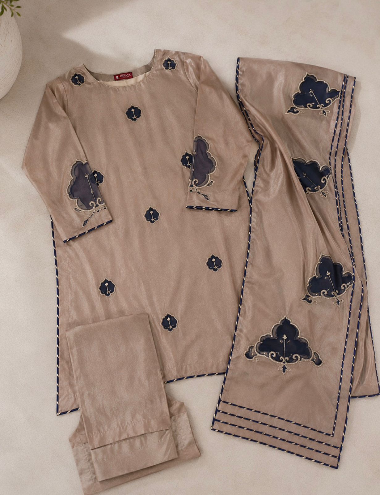 Raw Silk 3-Piece Suite – Mink &amp; Navy Appliqué