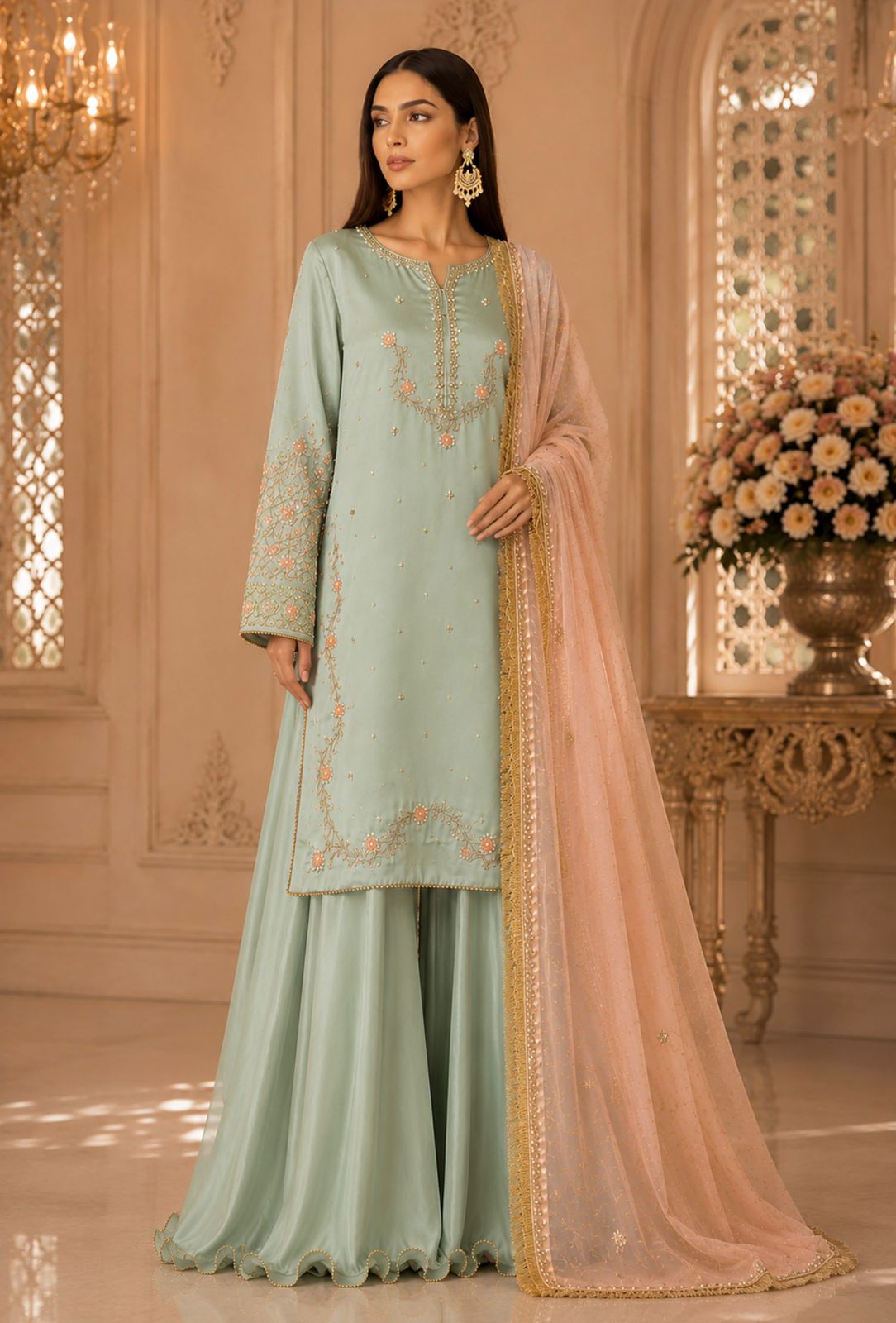 Hinaya Luxe Raw Silk Sharara Set – Mint Green / Peach
