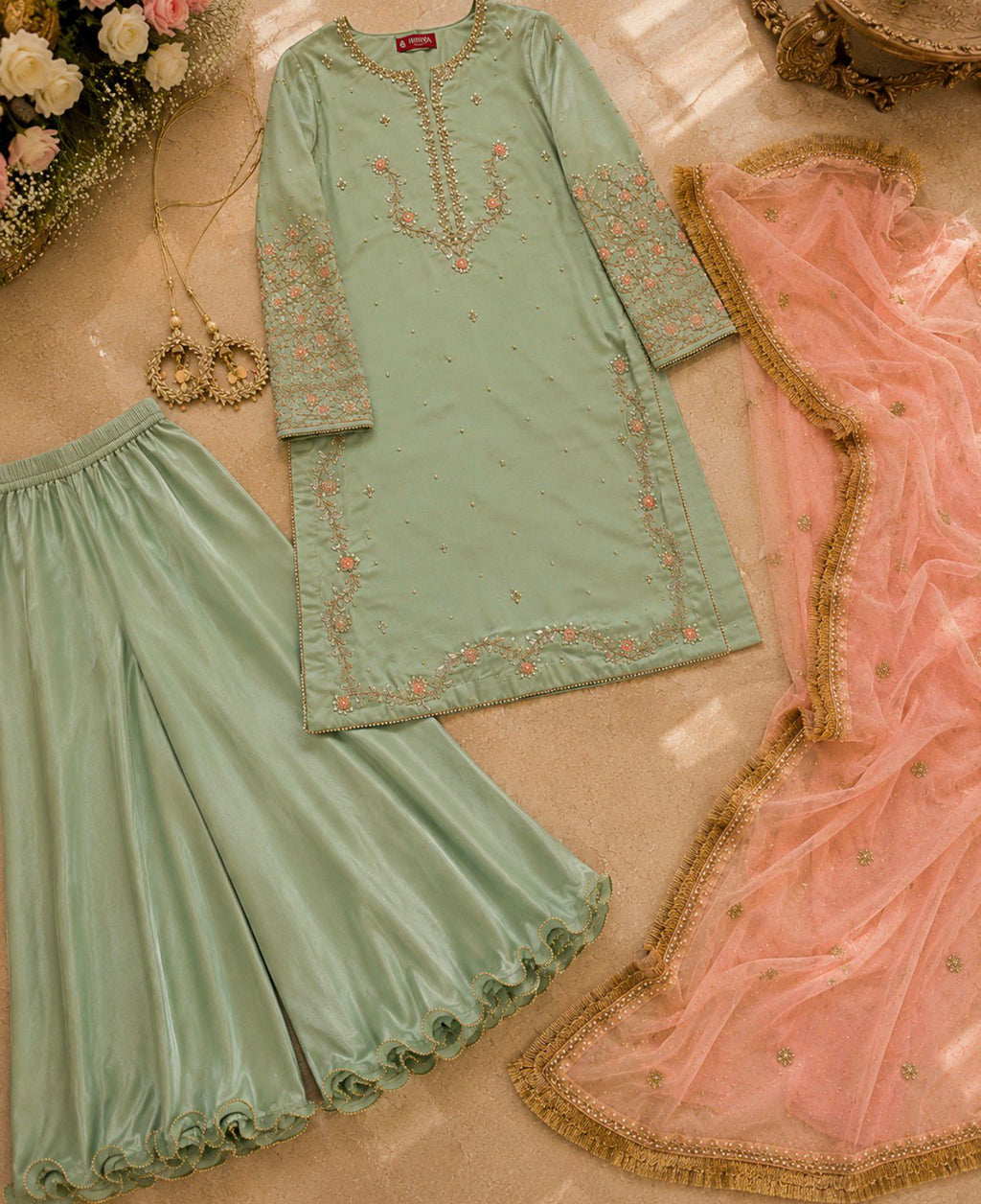 Hinaya Luxe Raw Silk Sharara Set – Mint Green / Peach