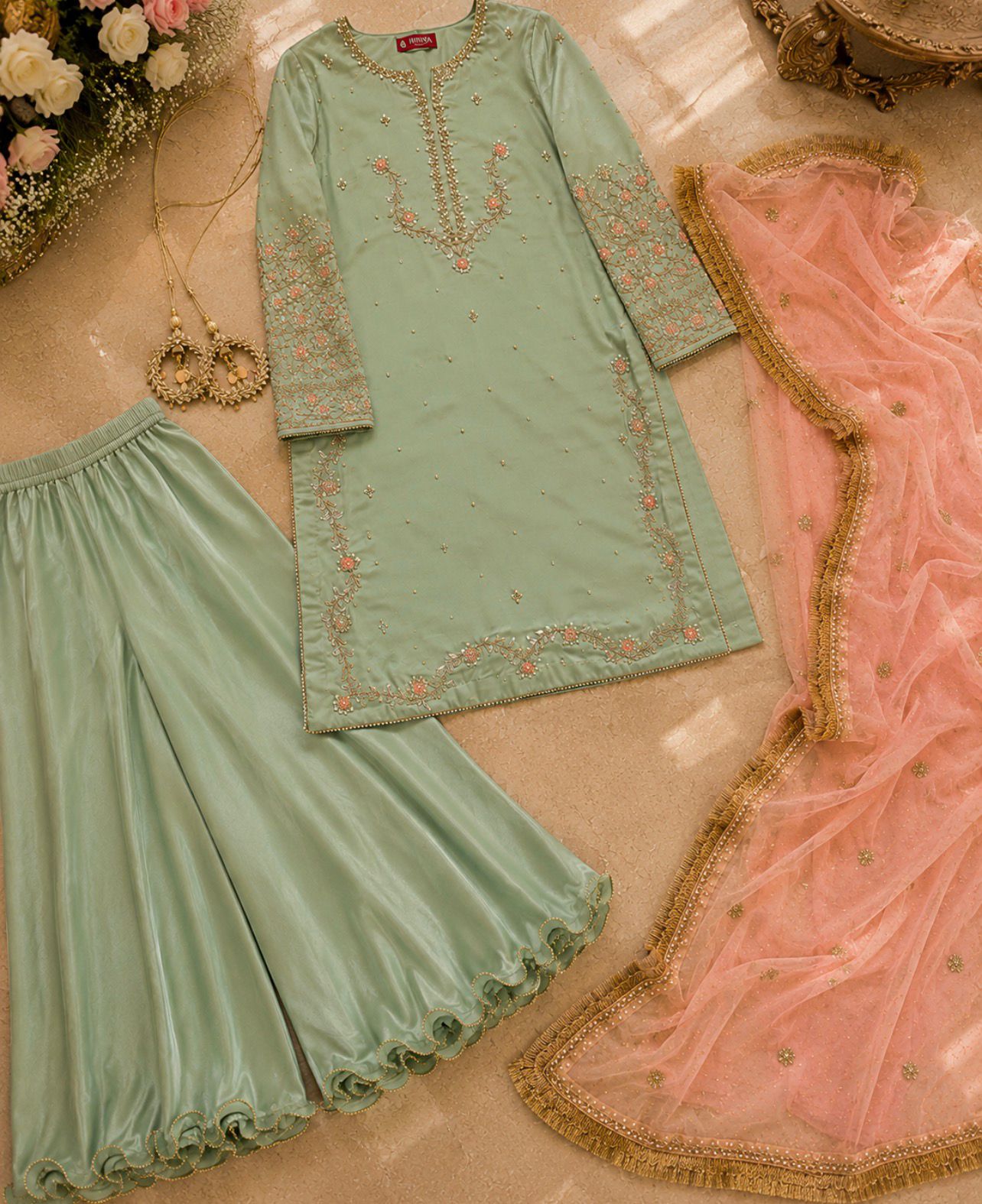 Hinaya Luxe Raw Silk Sharara Set – Mint Green / Peach