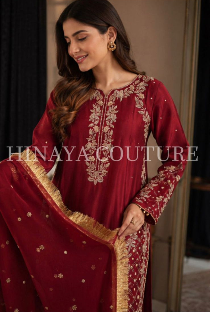 Deep Red Festive Plazo Suit with Kiran Dupatta