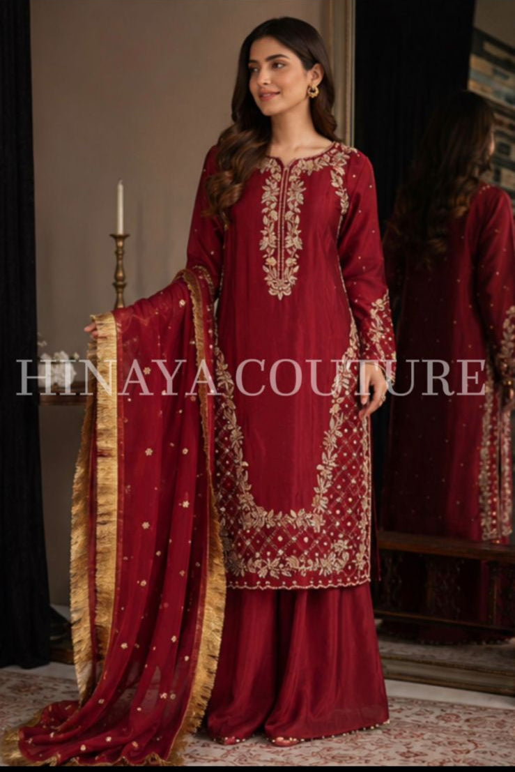 Deep Red Festive Plazo Suit with Kiran Dupatta