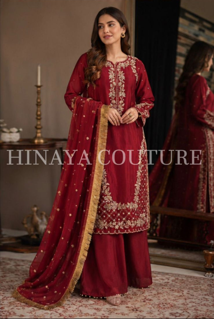 Deep Red Festive Plazo Suit with Kiran Dupatta