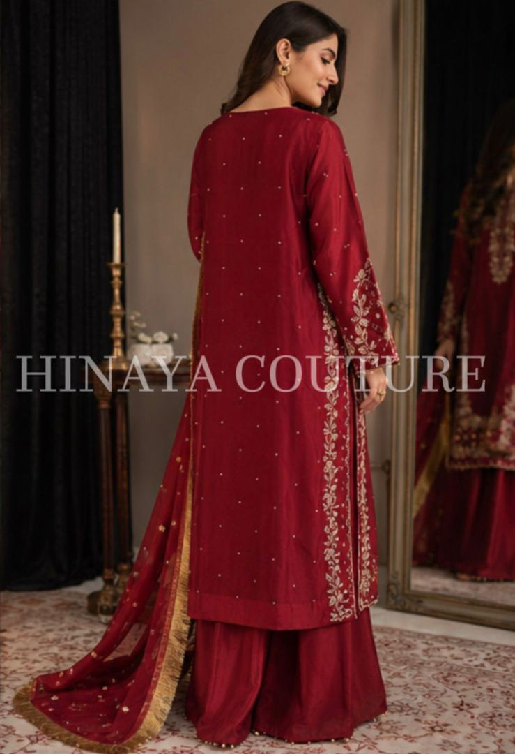 Deep Red Festive Plazo Suit with Kiran Dupatta