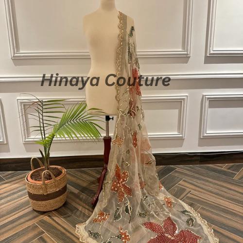 Hand-Painted Organza Dupatta: Zardozi Embellished Pakistani Party Wear-Handcrafted with zardozi,naqshi,beads,cutdana,pearls and rhinestones