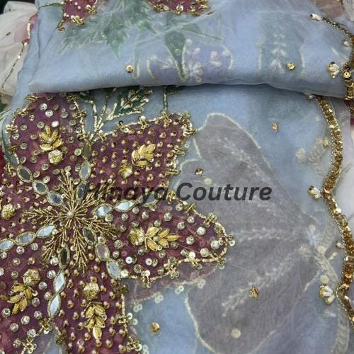 Hand-Painted Organza Dupatta: Zardozi Embellished Pakistani Party Wear-Handcrafted with zardozi,naqshi,beads,cutdana,pearls and rhinestones