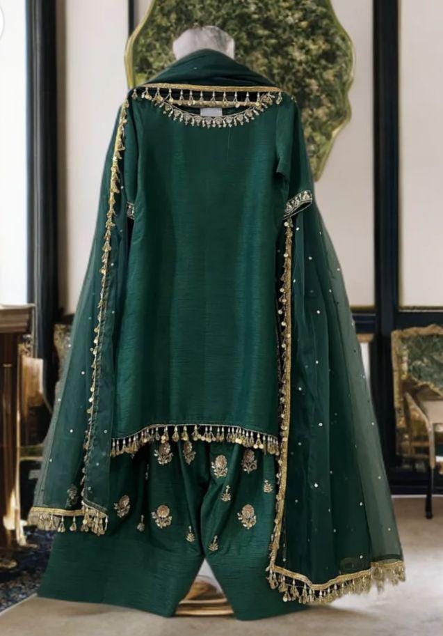 Embroidered Silk Farshi Shalwar Kameez with laces n nice tassels Bottle Green Pakistani Outfit,UK fashion-desi attire,usa parties
