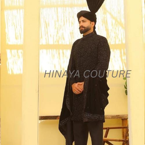 pakistani mens Hand Embroidered Sherwani Prince Coat Set: Black Velvet Shawl Groom Outfit,indian wedding nikah attire