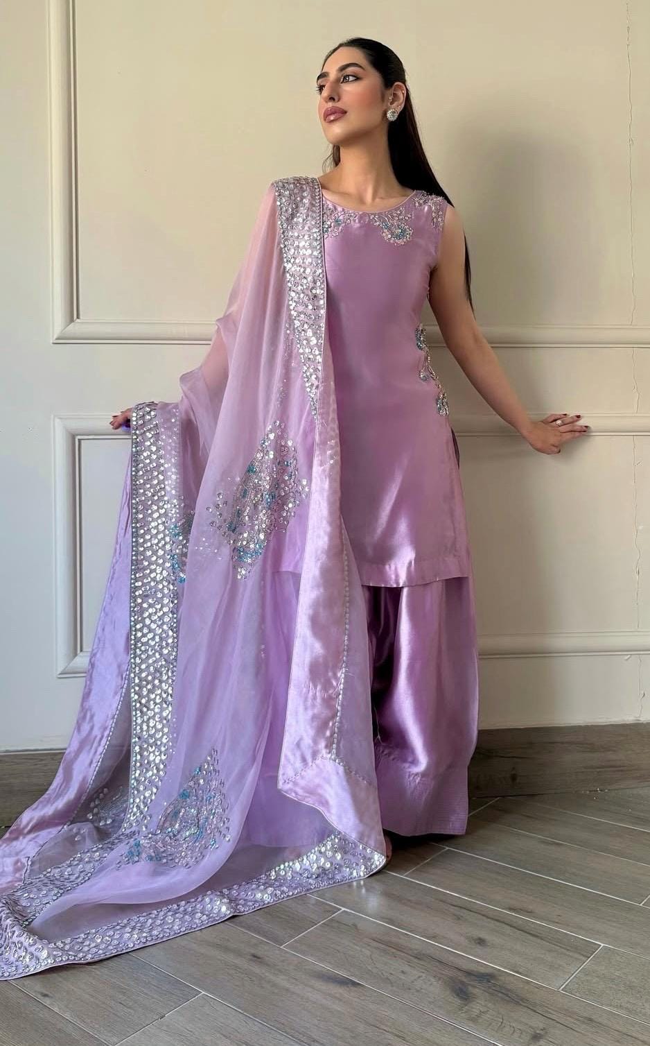 Luxury Pakistani Farshi Shalwar Suit | Sheesha Silk & Organza | Handmade rhinestones sequins