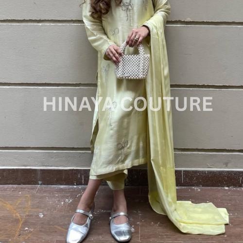 butter Yellow Bow Silk Pakistani 3-Piece Outfit: Rhinestone Detail Farshi short shirt,Eid party wear ethnic style desi indian attire